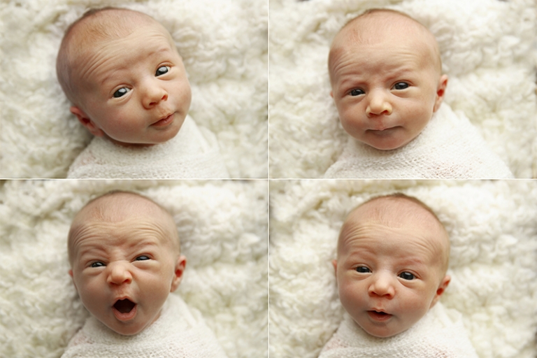 The expression of a newborn and what they are trying to say. Images of a newborn showing all different kinds of expressions. 