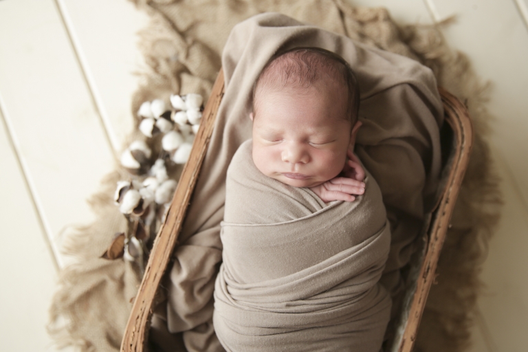 newborn baby in a basket, wrapped in a brown wrap with cotton